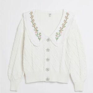 River Island Embroidered Ruffle Collar Cardigan Sweater
